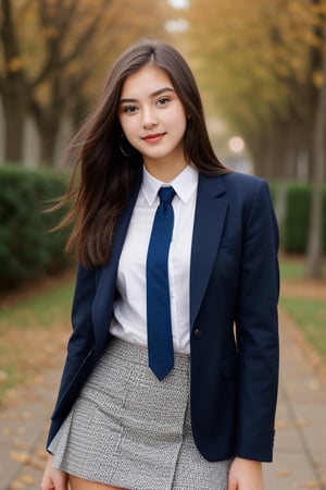 A beatiful 21 years old brunette woman, gorgeus, perfect face, beautiful body, she wearing college uniform with tie, blazer and skirt ,Realism