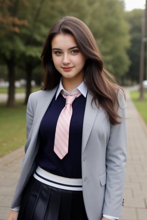 A beatiful 21 years old brunette woman, gorgeus, perfect face, beautiful body, she wearing college uniform with tie, blazer and skirt ,Realism