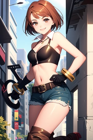 1girl, solo, smile, short hair, brown hair, gloves, standing, red hair, boots, shorts, knee boots, letterboxed, tube top