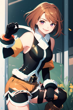 1girl, solo, smile, short hair, brown hair, gloves, standing, red hair, boots, shorts, knee boots, , tube top