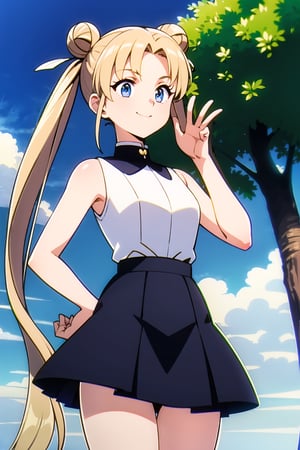 1girl, solo,  smile, ), black shot, outdoors, sky, day, cloud, , blurry, tree, blue sky, blurry background, ,Rukia, ,blue_pleated_skirt,blue_turtleneck,sleeveless,blue,tight_thighs,blond_hair,very_long_hair,twin_tails,double_buns,90s,busty,twintail,high_res,detailed,short_skirt
