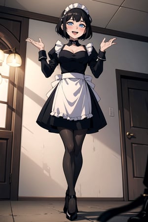 1girl, solo, breasts, looking at viewer, blush, smile, short hair, open mouth, bangs, blue eyes, long sleeves, dress, medium breasts, standing, full body, :d, pantyhose, frills, shoes, indoors, black footwear, apron, black pantyhose, maid, hands up, maid headdress, from below, white apron, maid apron, thighband pantyhose