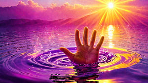 Jesus Walks on Water in tuniс glowing, surprise and magic, sun in heart, sunshine,Magical Fantasy style, Human hand, very clear without flaws with five fingers, beautiful hand. violet