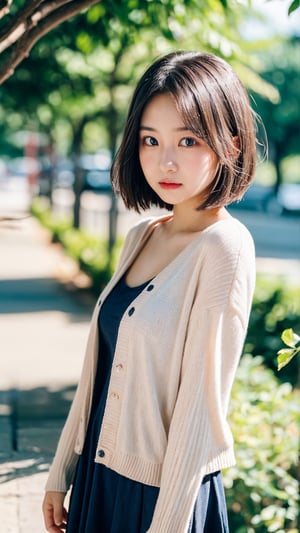 A beautiful female college student with big, expressive eyes, lively and vibrant, possessing a great temperament and a charming short haircut, A girl in the wild, ((A natural photo of a college girl with an innocent expression taken at an 85mm angle of view.)), summer clothes, casual clothes, 