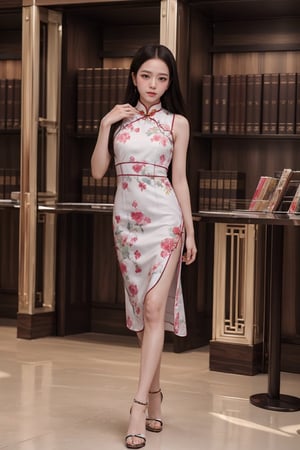 Teen girl,18 yo, cute and innocent,  embarrassed, in a library, dim lighting,  skinny and tall, teen, best quality,  normal size tits, stiletto high heels, dark black hair touching shoulder, looking at viewer, SAM YANG,lisalorashy,jisoo, red Chinese cheongsam