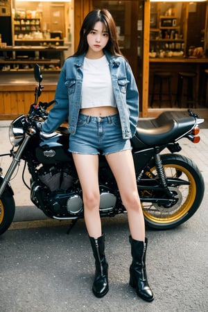 (masterpiece, realistic, ultra high res, high quality:1.2),18 years old cute girl, nakamori akina ,photorealistic, full body, wearing a very short hot pants, a denim jacket, white t shirt, biker boots,Detailedface, trying to kick a motorcycle 