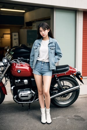 (masterpiece, realistic, ultra high res, high quality:1.2),18 years old cute girl, nakamori akina ,photorealistic, full body, wearing a very short hot pants, a denim jacket, white t shirt, biker boots, standing next to a 1978 bmw r80 motorcycle ,Detailedface