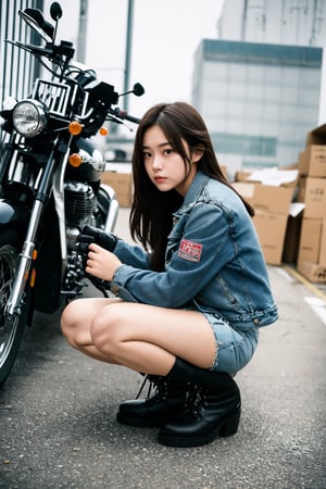 (masterpiece, realistic, ultra high res, high quality:1.2),18 years old cute girl, nakamori akina ,photorealistic, full body, wearing a very short hot pants, a denim jacket, white t shirt, biker boots,Detailedface, squatting,trying to fix a motorcycle 