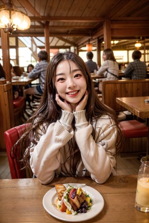 medium shot realistic photo of Buddha, at a resturant eating, on a date, laughing, smiling, romantic lighting, wearing a sweater, highly detailed, 8k, photorealistic, flash lighting, candid,  