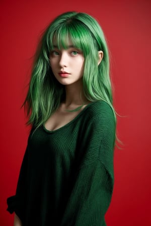 21yo girl, green hair, red background,