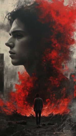 A mesmerizing digital illustration expertly blending realism and comic elements against a vivid crimson and black backdrop. A mesmerizing double exposure masterpiece captures the essence of a young caucasian male survivor, his silhouette standing out against a dramatic monochrome apocalyptic landscape. The artist's unique style combines elements of dark and low contrast composition, with subtle hues and delicate brushstrokes to create an ethereal and moody atmosphere. A striking and avant-garde artwork that masterfully merges diverse art styles, creating a visually captivating piece. The central focus is a profiled young handsome survivor, portrayed with sharp lines and vivid hues against a chaotic backdrop, portrait photography, graffiti, wildlife photography, illustration, painting. The delicate sketch portrays the man turning his head, with the dissolving lines of his face transforming into a chaotic path through a cityscape. The captivating raven-haired survivor is brought to life through a mesmerizing double exposure charcoal art. hissilhouette is set against a deep red and black backdrop, his flowing hair and enigmatic expression adding depth to the scene.