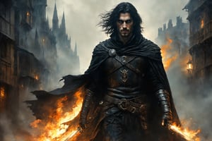 , black long hair young handsome man messy hair, commoner leather armor, black cloak , dark eyes, stubble facial hair, standing in a medieval city, city on fire, smoke, medieval, fantasy, personification of beautiful mysterious soul inside a cloudy rainstorm with iridescent white energy ,extremly intricate detailed,intricate motifs,by Jeremy Mann,Jean Beraud,Andree Wallin,Victor Gabriel Gilbert,Aaron Horkey,shallow depth of field,soft dramatic lighting,Craig Mullins,maximalist,pretty,Ray Tracing,Yoshikata Amano,Edwin Landseer,Ismail Inceoglu,Russ Mills,Victo Ngai,Bella Kotak,perfect composition,amazing depth,dreamy masterwork by head of prompt engineering,p3rfect boobs,ghost person,cleavage,DonMD3m0nXL,more detail XL,