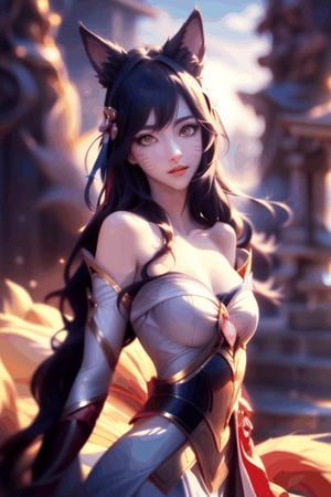 ,fox_tail,black-hair,5_figners,yellow_eyes,fox_girl,fox_ears,Ahri,1 girl,More Detai,outfit1 (normal) ah1, facial mark, multiple tails, fox tails, korean clothes, cleavage, bare shoulders, detached sleeves,upper_body,GdClth