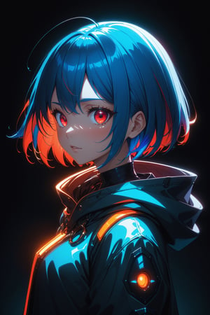 anime,(masterpiece, top quality, best quality, official art, beautiful and aesthetic:1.2), cinematic lighting, upper body, extreme detailed, studio anime, key visual, (bioluminescent details:1.1), (subsurface scattering:1.1), colorful, 1girl, solo, blue hair, multicolored hair, red hair, short hair, bangs, multicolored eyes, hood, looking at viewer, dynamic pose, dynamic angle, dynamic lighting, dungeon, bright
