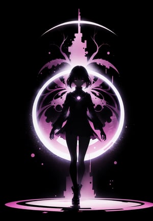 (silhouette:1.25), 1girl, dark background, blacklight, mid shot, full body, somber expression, looking down, dark energy, vibrant magenta, portal to another world, flat color, flat shading, ultra realistic, highres, superb, 8k wallpaper, extremely detailed, intricate, limited palette, pink