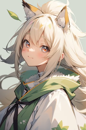 a fluffy anime girl, large animal ears, white hair, blonde hair, [orange|yellow] eyes, animal ear fluff, sprout seedling on head, leaf, smile, happy, upper_teeth, laughter, gradient eyes, original character portrait, game icon, simple background, (light green background), pastel colors, poncho,anime