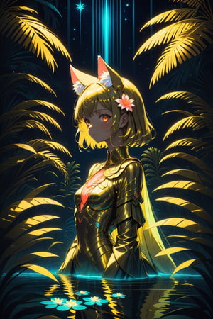 1girl, solo, masterpiece, highest quality, 8K, reflective surface, water, natural rights, animal ear fluff, (poster:0.76), palm leaves, palace, golden art style, petals, (neon coral glow:1.2), night, dark theme, starry sky, upper body, looking at viewer, (bioluminescence), (ethereal:0.9), truth, 13