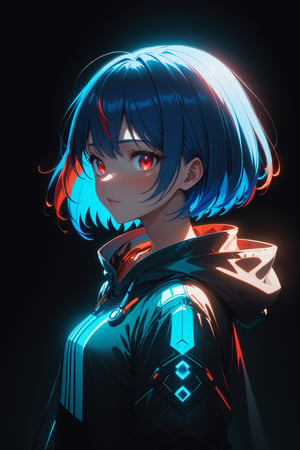 anime,(masterpiece, top quality, best quality, official art, beautiful and aesthetic:1.2), cinematic lighting, upper body, extreme detailed, studio anime, key visual, (bioluminescent details:1.1), (subsurface scattering:1.1), colorful, 1girl, solo, blue hair, multicolored hair, red hair, short hair, bangs, multicolored eyes, hood, looking at viewer, dynamic pose, dynamic angle, dynamic lighting, dungeon, bright
