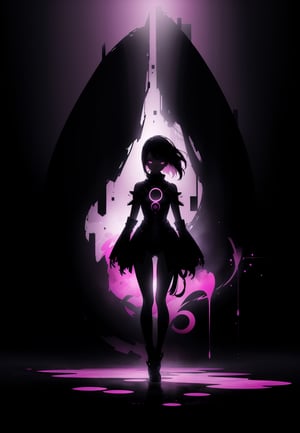 (silhouette:1.25), 1girl, dark background, blacklight, mid shot, full body, somber expression, looking down, dark energy, vibrant magenta, portal to another world, flat color, flat shading, ultra realistic, highres, superb, 8k wallpaper, extremely detailed, intricate, limited palette, pink