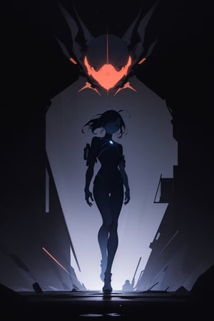 (silhouette:1.25), 1girl, dark background, blacklight, mid shot, full body, somber expression, looking down, dark energy, vibrant red, portal to another world, flat color, flat shading, ultra realistic, highres, superb, 8k wallpaper, extremely detailed, intricate, limited palette, indigo