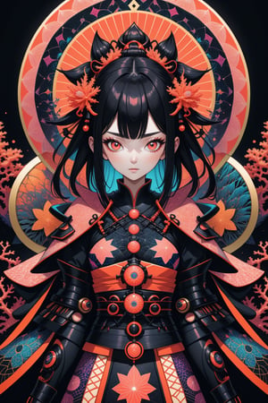 absurdres, highres, ultra detailed, (1girl:1.3), star in eyes, fantasy samurai attire, psychedelic, fractal patterns, geometric figures, (coral + black color:1),