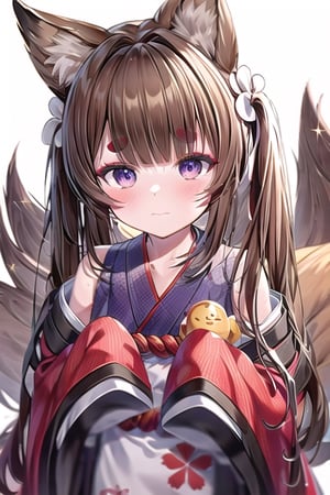 1girl, manjuu_(azur_lane), japanese_clothes, animal_ears, shimenawa, tail, fox_ears, thick_eyebrows, rope, sidelocks, looking_at_viewer, long_hair, bangs, fox_tail, brown_hair, purple_eyes, fox_girl, solo, multiple_tails, kimono, off_shoulder, blunt_bangs, twintails, hair_ribbon, collarbone, kyuubi, wide_sleeves, blush, ribbon, sparkle, sleeves_past_wrists, simple_background, eyeshadow, long_sleeves, makeup,amagi chan