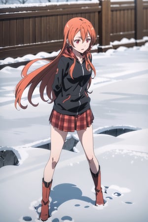 Gray tracksuit, orange hair, red eyes, black boots, red plaid skirt, hood,chelsea,winter, snow,long hair