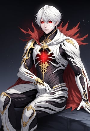 solo, red eyes, 1boy, sitting, closed mouth, white hair, male focus, cape, armor, torn clothes, glowing, bandages, cloak, colored sclera, bandaged arm, WARFRAME