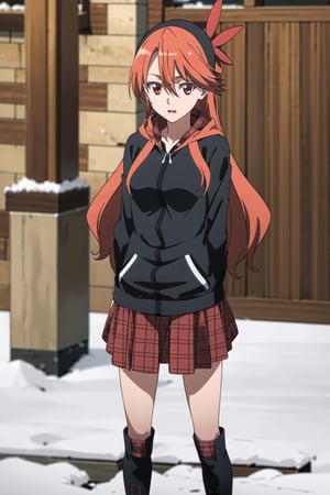 Gray tracksuit, orange hair, red eyes, black boots, red plaid skirt, hood,chelsea,winter