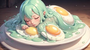 in a shiny giant white salad plate, a slime monster girl pale yellow, small breast ,sleeping on a fried egg 