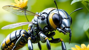 cinematic, background  blur garden with flowers, chrome robotic body metal wasp yellow and black color, in motion ,16K, dangerous, ultradetailled robotic wasp head  with mandibles, motion flying, ,chrometech ,metallic 