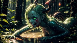 masterpiece, high quality, one girl, 8k mid body of a slime  girl, viewed_from_side, pointy dark ears, neon_horns, long canine fangs showing of, glowing green golden eyes (angryeyes:1.1) , petrol oil skin, big green glow lips,  naked with digusting oil membrane on skin, , perfect finger, sharp green nails, feeling dangerous,  (blood:1.6)  , blood near lips, massive sweating, crawling , grin smoothly,   background extremely détailled dark swamp,More Detail,horror