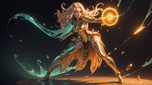 lmasterpiece, high quality, slime:0.7, close angle view,  full body of a beautiful mature goddess tall 30y female,well detailled face, wearing ultradetailled stylish golden armor with lot of naked part,ready to fight stance, shiny orange eyes, shiny iridescent color longhair with some wave curly, air flow magic spinning around, on a magic circle glowing,High detailed 