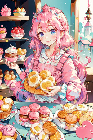 (masterpiece,  best quality,  highres:1.3), ultra resolution image,  (1girl),  (solo),  kawaii, pink hair, blue, (sweet charm:1.4),  pies,  fresh baked bread, macarons, wooden shelves with cupcakes, bakery, shop, scenery, soft, cozy, glitter,Kanna Kamui, 