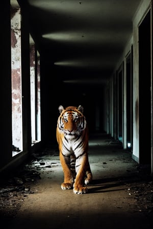 (Extreme long shot), profile of a tiger standing at the end of a corridor in an abandoned and dirty hotel, long corridor, damp ground. Dark, dim, soft, moody lighting, cinematic photo, focus, film, professional, 4k, highly detailed, (night)