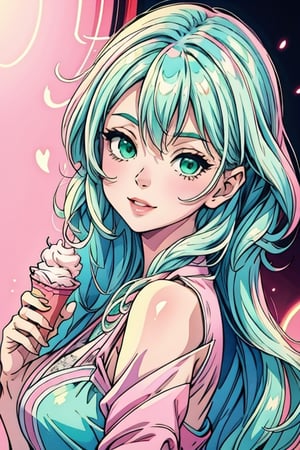 (1cute girl),  wearing eyeglasess,  holding ice cream,  long aqua curly hair,  green eyes,  wearing a beautiful pink lace dress. White skin,  splat art background,  eye_detail,  background_detail,  face_detail,  hair_detail,  more_detail,  add_detail,  adddetailed,  cute_face,  white_skin,  midjourney_style,  midjourney_art,  full_body,  colorful_detail,  watercolor_(artwork),  light_particles, 1girl,1girl