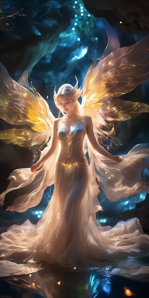 best quality,  extremely detailed,  area lighting in background,  HD,  8k,  extremely intricate:1.3),  fantasy art,  a sexy elf girl, ((white hair)),  long hair,  hair floating in the water, ((glowing yelow wings)), GlowingRunes_, (nude), WaterAI, dunhuang_cloths,dunhuang