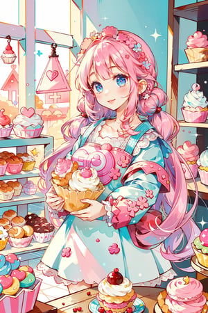 (masterpiece,  best quality,  highres:1.3), ultra resolution image,  (1girl),  (solo),  kawaii, pink hair, blue, (sweet charm:1.4),  pies,  fresh baked bread, macarons, wooden shelves with cupcakes, bakery, shop, scenery, soft, cozy, glitter,Kanna Kamui, 