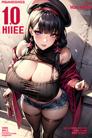 (masterpiece, best quality), intricate complex details, very detailed, high quality, highly detailed, (((1girl, solo))), make up, ((beautiful eyes, perfect face)), looking at viewer, ((huge breasts, wide hips, mature female, skindentation, curvy)), ((blunt bangs, black hair, twintails)), ((sharp eyelashes, beautiful purple eyes)), ((earrings, hair ornaments, choker, beret cap)), (((black sweater, off shoulder, cleavage, crop top, shorts, thigh highs, bra straps))), ((erotic pose, standing, from above, arms above head)), (((magazine cover))), smile, 