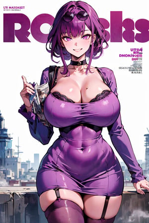 ((1girl)), YesMix, (((absurdres))), (((masterpiece))), (((best quality))), ((ultra-detailed)), ultra high quality, looking at viewer, huge breasts, wide hips, voluptuous body, ((aakafka, purple hair, purple eyes, sunglasses)), ((dongtan dress, bra, garter belt, cleavage)), ((magazine cover)), ((smirk))