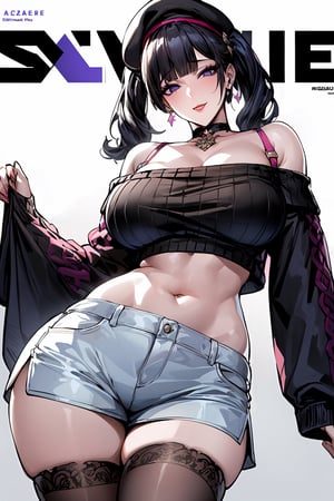 (masterpiece, best quality), intricate complex details, very detailed, high quality, highly detailed, (((1girl, solo))), make up, ((beautiful eyes, perfect face)), looking at viewer, ((huge breasts, wide hips, mature female, skindentation, curvy)), ((blunt bangs, black hair, twintails)), ((sharp eyelashes, beautiful purple eyes)), ((earrings, hair ornaments, choker, beret cap)), (((black sweater, off shoulder, cleavage, crop top, shorts, thigh highs, bra straps))), ((erotic pose, standing, from below)), (((magazine cover))), smile, 