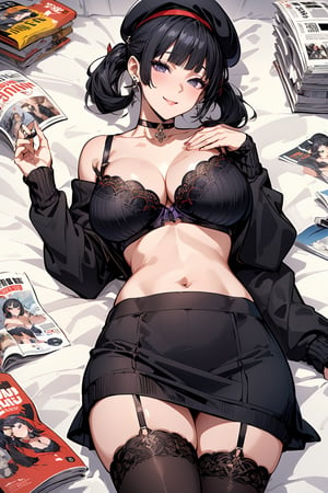 (masterpiece, best quality), intricate complex details, very detailed, high quality, highly detailed, (((1girl, solo))), make up, ((beautiful eyes, perfect face)), looking at viewer, ((huge breasts, wide hips, mature female, skindentation, curvy)), ((blunt bangs, black hair, half twintails:1.3)), ((sharp eyelashes, beautiful purple eyes)), ((earrings, hair ornaments, choker, beret cap)), (((black sweater, off shoulder, cleavage, crop top, mini skirt, thigh highs, bra straps))), (((erotic pose, lying down on back))), (((magazine cover))), smile, 