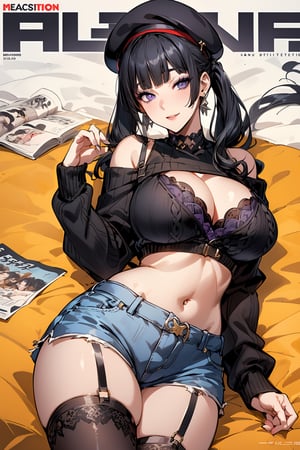 (masterpiece, best quality), intricate complex details, very detailed, high quality, highly detailed, (((1girl, solo))), make up, ((beautiful eyes, perfect face)), looking at viewer, ((huge breasts, wide hips, mature female, skindentation, curvy)), ((blunt bangs, black hair, half twintails:1.3)), ((sharp eyelashes, beautiful purple eyes)), ((earrings, hair ornaments, choker, beret cap)), (((black sweater, off shoulder, cleavage, crop top, shorts, thigh highs, bra straps))), (((erotic pose, lying down on back))), (((magazine cover))), smile, 