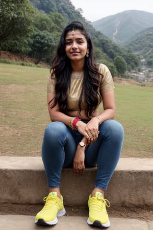 beautiful cute young attractive indian teenage girl, City girl, 25 years old, cute, Instagram model, long black_hair, colorful hair, warm, dacing, in hill station,(blue jeans),(yellow top),(sports shoes white), indian,Indian,Woman,Indian tradition,indian_bride