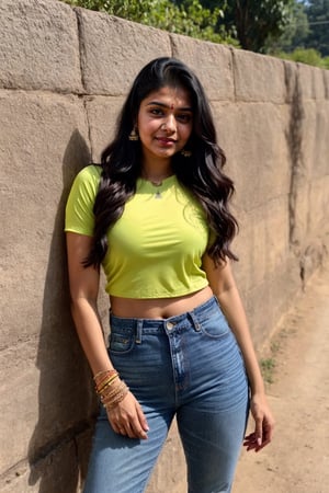 beautiful cute young attractive indian teenage girl, City girl, 25 years old, cute, Instagram model, long black_hair, colorful hair, warm, dacing, in hill station,(blue jeans),(yellow top),(sports shoes white), indian,Indian,Woman,Indian tradition,indian_bride