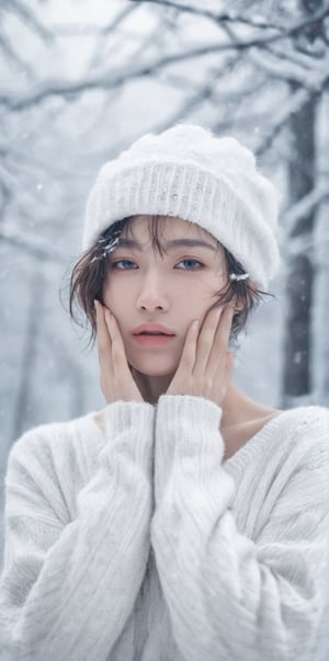 stunning and beautiful Japanese girl, below view, messy curly short hair, full body, 
white sweater, sweater hat, supporting head on hands, 
Snowy Forest Background
insanelly detailled, 8k resolution, hyperrealism photo, concept art of detailed character design, cinema concept, cinematic lighting, 
stylish, elegant, breathtaking, mysterious, fascinating, curiously complete face, elegant, gorgeous, 8k, cinematic look, calming tones, incredible details, intricate details, hyper detailed, low contrast, soft cinematic lights, Superia 400, warm tones, 
Movie Still,more detail XL, in the style of esao andrews,esao andrews style,esao andrews art,xxmixgirl