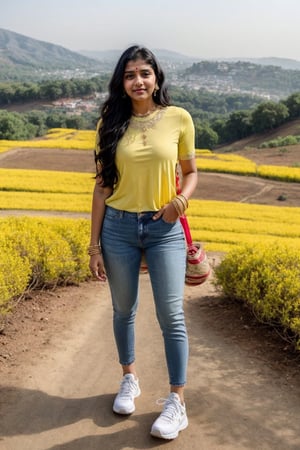 beautiful cute young attractive indian teenage girl, City girl, 25 years old, cute, Instagram model, long black_hair, colorful hair, warm, dacing, in hill station,(blue jeans),(yellow top),(sports shoes white), indian,Indian,Woman,Indian tradition,indian_bride