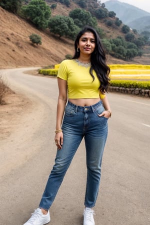 beautiful cute young attractive indian teenage girl, City girl, 25 years old, cute, Instagram model, long black_hair, colorful hair, warm, dacing, in hill station,(blue jeans),(yellow top),(sports shoes white), indian,Indian,Woman,Indian tradition,indian_bride