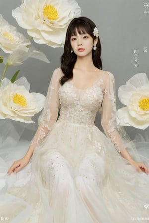 1girl, solo, long hair, looking at viewer, bangs, hair ornament, long sleeves, dress, jewelry, sitting, flower, white hair, hair flower, white dress, bracelet, chinese clothes, white flower, black background, hanfuandflower,better_hands,giant_flower