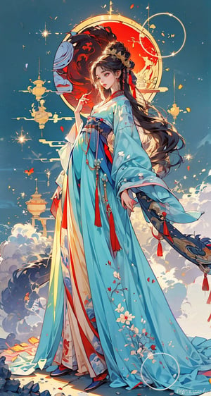 masterpiece, top quality, best quality, official art, beautiful and aesthetic:1.2), (1girl:1.9), purple-blue color long hair, ((multi-colored hanfu fashion)), wind blows, chinese dragon, golden line, (red theme:1.3), ultra-high quality, photorealistic, sky background, dynamic pose, icemagicAI,ancient_beautiful